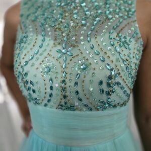 Exquisite Turquoise/Aqua Hand-beaded Bodice Tulle & Satin Gown by MERLE